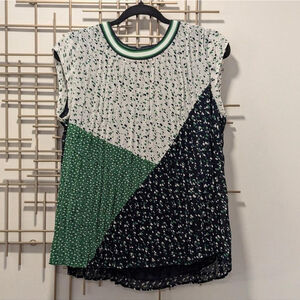 Sleeveless Pleated Crew Neck Blouse Sz S Retro‎ Polka Dot Color Block Navy Green